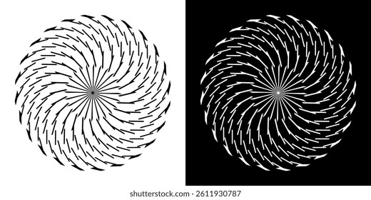 Abstract background with line pattern forming circle. Spiral art design as logo or icon. Black lines on white background and same white lines on black side. Mandala with line pattern.