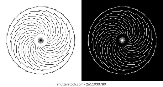 Abstract background with line pattern forming circle. Spiral art design as logo or icon. Black lines on white background and same white lines on black side. Mandala with line pattern.