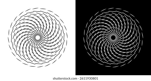 Abstract background with line pattern forming circle. Spiral art design as logo or icon. Black lines on white background and same white lines on black side. Mandala with line pattern.