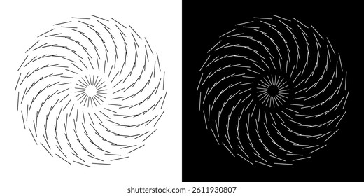 Abstract background with line pattern forming circle. Spiral art design as logo or icon. Black lines on white background and same white lines on black side. Mandala with line pattern.