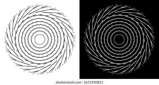 Abstract background with line pattern forming circle. Spiral art design as logo or icon. Black lines on white background and same white lines on black side. Mandala with line pattern.