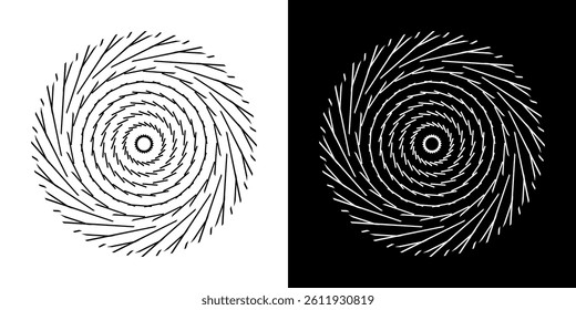 Abstract background with line pattern forming circle. Spiral art design as logo or icon. Black lines on white background and same white lines on black side. Mandala with line pattern.