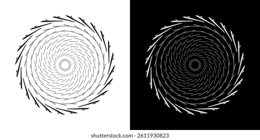 Abstract background with line pattern forming circle. Spiral art design as logo or icon. Black lines on white background and same white lines on black side. Mandala with line pattern.