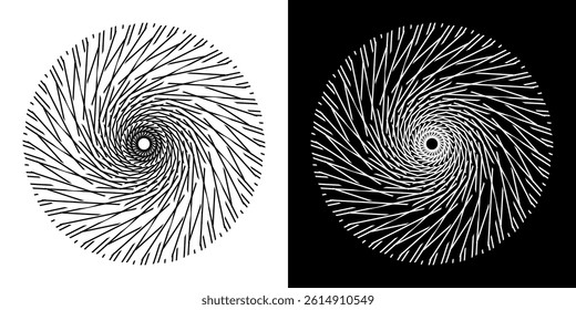 Abstract background with line pattern forming circle. Spiral art design as logo or icon. Black lines on white background and same white lines on black side. Mandala with line pattern.