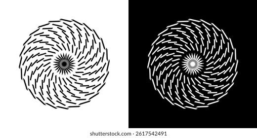 Abstract background with line pattern forming circle. Spiral art design as logo or icon. Black lines on white background and same white lines on black side. Mandala with line pattern.	
