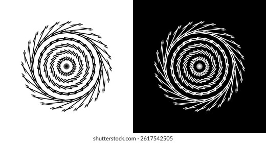 Abstract background with line pattern forming circle. Spiral art design as logo or icon. Black lines on white background and same white lines on black side. Mandala with line pattern.	
