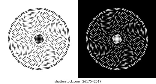 Abstract background with line pattern forming circle. Spiral art design as logo or icon. Black lines on white background and same white lines on black side. Mandala with line pattern.	
