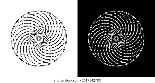 Abstract background with line pattern forming circle. Spiral art design as logo or icon. Black lines on white background and same white lines on black side. Mandala with line pattern.	
