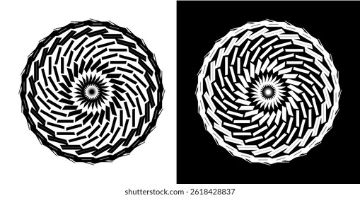 Abstract background with line pattern forming circle. Spiral art design as logo or icon. Black lines on white background and same white lines on black side. Mandala with line pattern.	