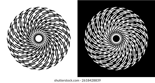 Abstract background with line pattern forming circle. Spiral art design as logo or icon. Black lines on white background and same white lines on black side. Mandala with line pattern.	