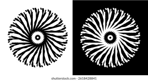 Abstract background with line pattern forming circle. Spiral art design as logo or icon. Black lines on white background and same white lines on black side. Mandala with line pattern.	