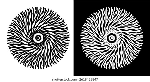Abstract background with line pattern forming circle. Spiral art design as logo or icon. Black lines on white background and same white lines on black side. Mandala with line pattern.	