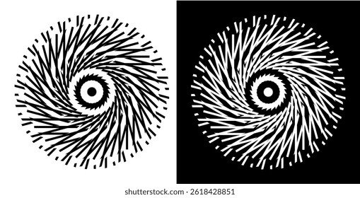 Abstract background with line pattern forming circle. Spiral art design as logo or icon. Black lines on white background and same white lines on black side. Mandala with line pattern.	