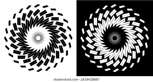 Abstract background with line pattern forming circle. Spiral art design as logo or icon. Black lines on white background and same white lines on black side. Mandala with line pattern.	