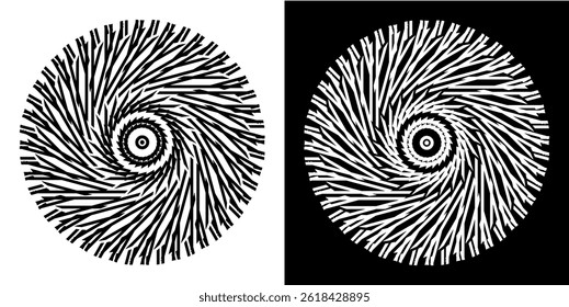 Abstract background with line pattern forming circle. Spiral art design as logo or icon. Black lines on white background and same white lines on black side. Mandala with line pattern.	