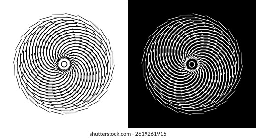 Abstract background with line pattern forming circle. Spiral art design as logo or icon. Black lines on white background and same white lines on black side. Mandala with line pattern.	
