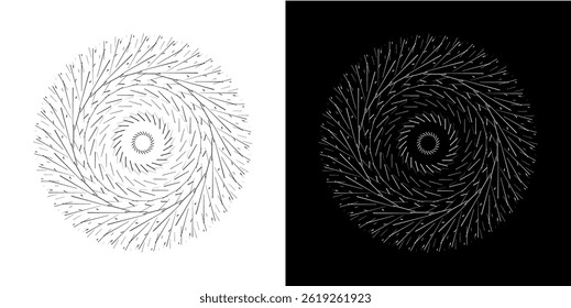Abstract background with line pattern forming circle. Spiral art design as logo or icon. Black lines on white background and same white lines on black side. Mandala with line pattern.	

