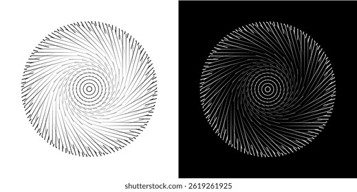 Abstract background with line pattern forming circle. Spiral art design as logo or icon. Black lines on white background and same white lines on black side. Mandala with line pattern.	
