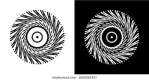Abstract background with line pattern forming circle. Spiral art design as logo or icon. Black lines on white background and same white lines on black side. Mandala with line pattern.	
