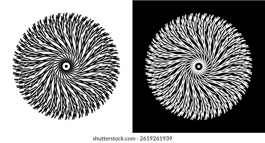 Abstract background with line pattern forming circle. Spiral art design as logo or icon. Black lines on white background and same white lines on black side. Mandala with line pattern.	
