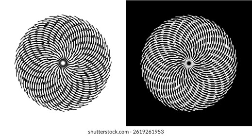 Abstract background with line pattern forming circle. Spiral art design as logo or icon. Black lines on white background and same white lines on black side. Mandala with line pattern.	
