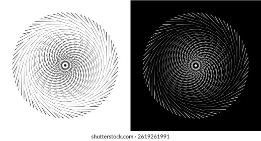 Abstract background with line pattern forming circle. Spiral art design as logo or icon. Black lines on white background and same white lines on black side. Mandala with line pattern.	
