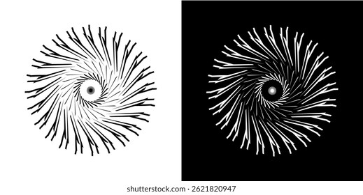 Abstract background with line pattern forming circle. Spiral art design as logo or icon. Black lines on white background and same white lines on black side. Mandala with line pattern.	