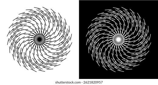 Abstract background with line pattern forming circle. Spiral art design as logo or icon. Black lines on white background and same white lines on black side. Mandala with line pattern.	