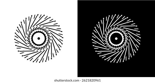 Abstract background with line pattern forming circle. Spiral art design as logo or icon. Black lines on white background and same white lines on black side. Mandala with line pattern.	
