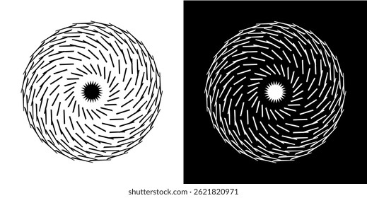 Abstrakter Hintergrund mit einem Kreis bildendem Linienmuster. Spiral Art Design als Logo oder Icon. Schwarze Linien auf weißem Hintergrund und gleiche weiße Linien auf schwarzer Seite. Mandala mit Linienmuster.	