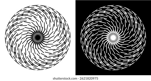 Fundo abstrato com padrão de linha formando círculo. Projeto de arte em espiral como logotipo ou ícone. Linhas pretas no plano de fundo branco e as mesmas linhas brancas no lado preto. Mandala com padrão de linha.	