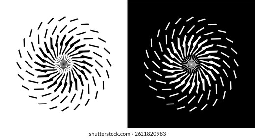 Abstract background with line pattern forming circle. Spiral art design as logo or icon. Black lines on white background and same white lines on black side. Mandala with line pattern.	