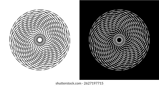 Abstract background with line pattern forming circle. Spiral art design as logo or icon. Black lines on white background and same white lines on black side. Mandala with line pattern.