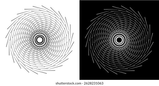 Abstract background with line pattern forming circle. Spiral art design as logo or icon. Black lines on white background and same white lines on black side. Mandala with line pattern.	
