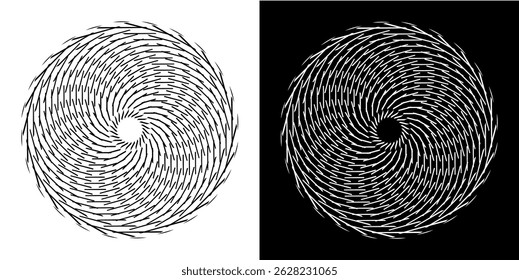 Abstract background with line pattern forming circle. Spiral art design as logo or icon. Black lines on white background and same white lines on black side. Mandala with line pattern.	
