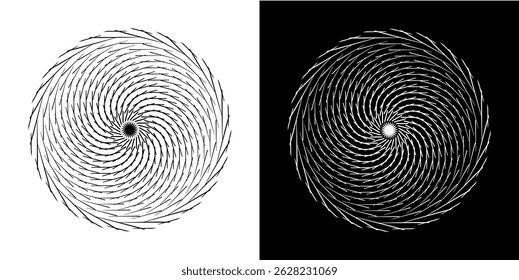 Abstract background with line pattern forming circle. Spiral art design as logo or icon. Black lines on white background and same white lines on black side. Mandala with line pattern.	
