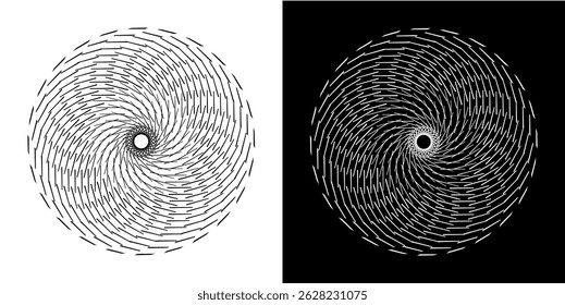 Abstract background with line pattern forming circle. Spiral art design as logo or icon. Black lines on white background and same white lines on black side. Mandala with line pattern.	
