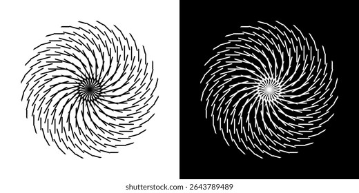 Fundo abstrato com padrão de linha formando círculo. Projeto de arte em espiral como logotipo ou ícone. Linhas pretas no plano de fundo branco e as mesmas linhas brancas no lado preto. Mandala com padrão de linha.