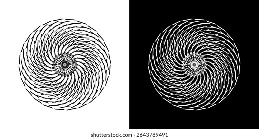 Fundo abstrato com padrão de linha formando círculo. Projeto de arte em espiral como logotipo ou ícone. Linhas pretas no plano de fundo branco e as mesmas linhas brancas no lado preto. Mandala com padrão de linha.