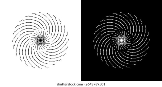 Fundo abstrato com padrão de linha formando círculo. Projeto de arte em espiral como logotipo ou ícone. Linhas pretas no plano de fundo branco e as mesmas linhas brancas no lado preto. Mandala com padrão de linha.