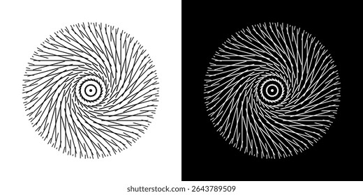 Fundo abstrato com padrão de linha formando círculo. Projeto de arte em espiral como logotipo ou ícone. Linhas pretas no plano de fundo branco e as mesmas linhas brancas no lado preto. Mandala com padrão de linha.