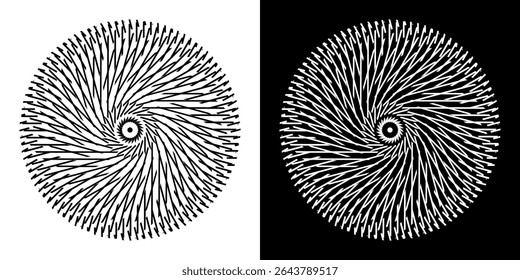 Fundo abstrato com padrão de linha formando círculo. Projeto de arte em espiral como logotipo ou ícone. Linhas pretas no plano de fundo branco e as mesmas linhas brancas no lado preto. Mandala com padrão de linha.