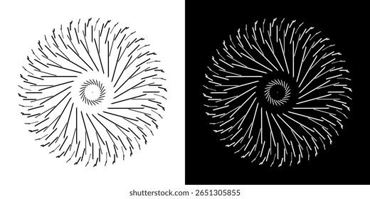 Fundo abstrato com padrão de linha formando círculo. Projeto de arte em espiral como logotipo ou ícone. Linhas pretas no plano de fundo branco e as mesmas linhas brancas no lado preto. Mandala com padrão de linha.	
