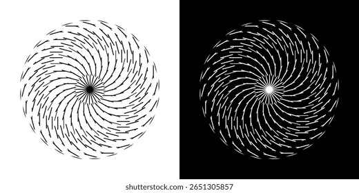 Fundo abstrato com padrão de linha formando círculo. Projeto de arte em espiral como logotipo ou ícone. Linhas pretas no plano de fundo branco e as mesmas linhas brancas no lado preto. Mandala com padrão de linha.	
