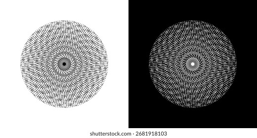 Fundo abstrato com padrão de linha formando círculo. Projeto de arte em espiral como logotipo ou ícone. Linhas pretas no plano de fundo branco e as mesmas linhas brancas no lado preto. Mandala com padrão de linha.