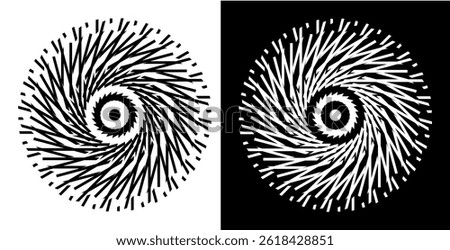 Abstract background with line pattern forming circle. Spiral art design as logo or icon. Black lines on white background and same white lines on black side. Mandala with line pattern.	