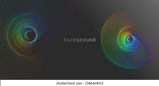 Abstract background with linear bio shapes, luminous cochlea on dark background. Rainbow colored. Template for banner, cover.