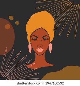 Abstract background with linear tropical leaves and a beautiful black woman. Female portrait of young African American with beautiful face. Fashion Vector Illustration.