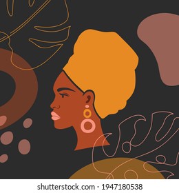 Abstract background with linear tropical leaves and a beautiful black woman. Female portrait of young African American with beautiful face. Fashion Vector Illustration.