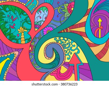 Abstract background with lines, arrow, wave and flowers in black and white colors. Vector illustration.